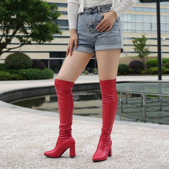 Women's Red Comfort Thigh High Pointy-toe And High-heel Over The Knee Boots - Picture 4 of 5
